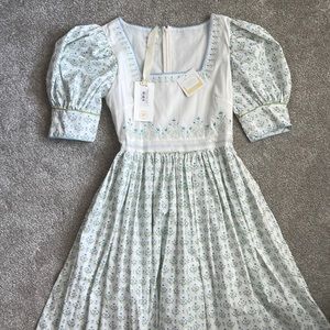 NWT Small Dondolo Alison blue green embroidered maxi Dress with puff sleeves